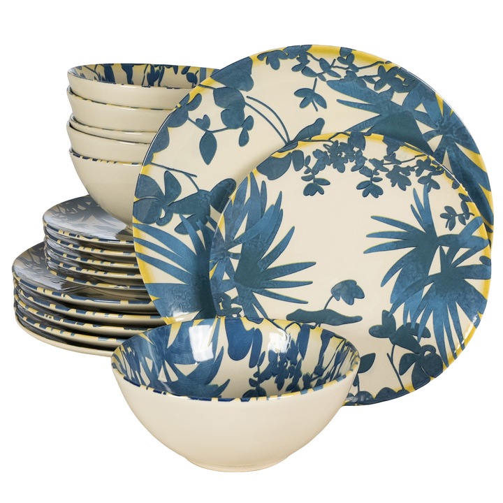 Set Complet Serviciu De Masa, Hawaii, 18 piese, Cesiro, Alb ivoire decorat cu frunze albastru inchis