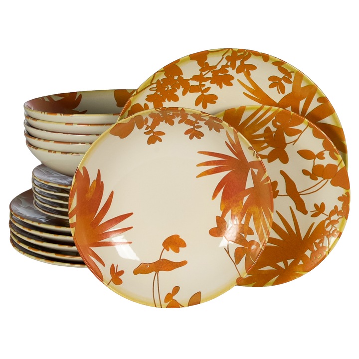 Set farfurii 18 piese, pentru 6 persoane, Hawaii, 18 piese, Cesiro, Alb Ivoire cu frunze portocalii