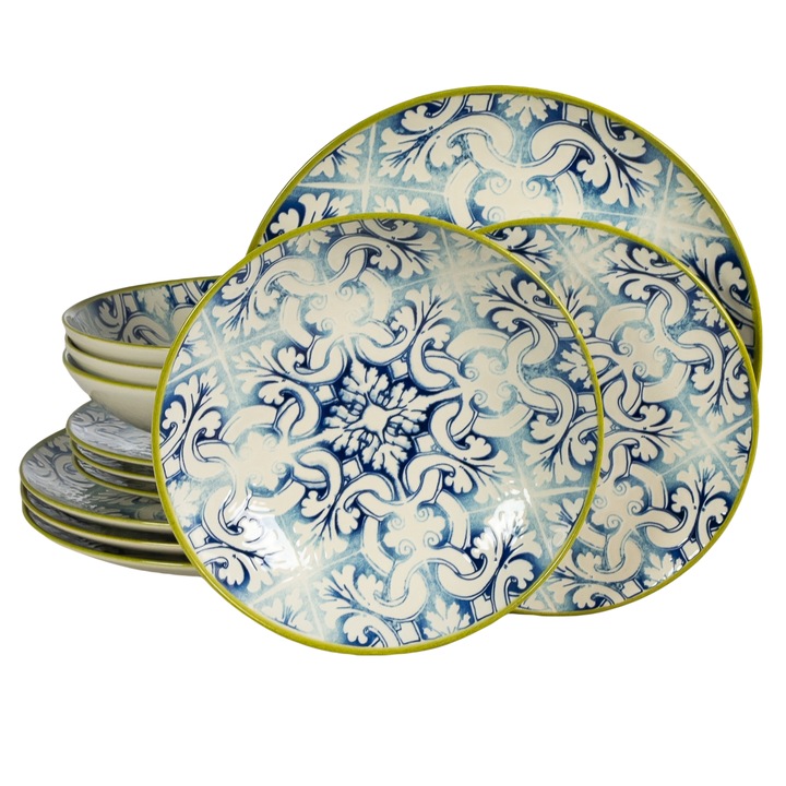 Set Complet Serviciu De Masa, Marocco, 12 piese, Cesiro, Alb Ivoire cu albastru