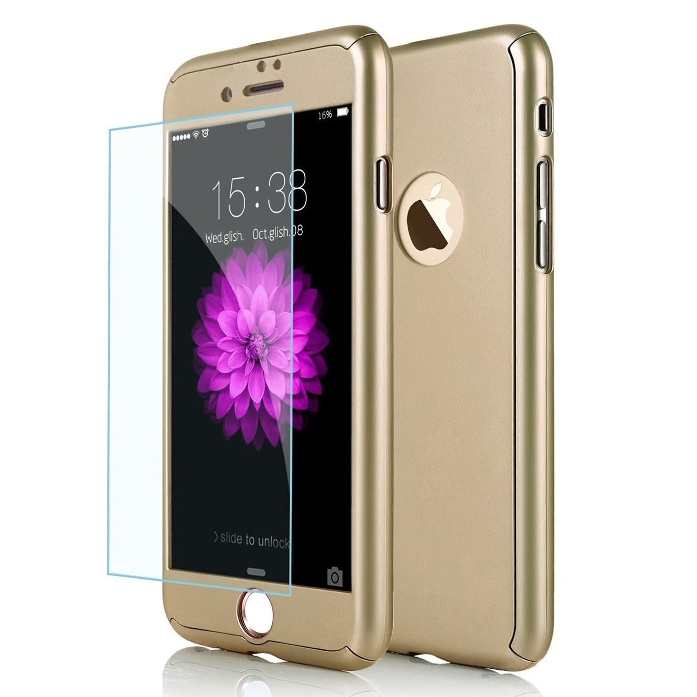 Husa 360 fata+spate+folie sticla pentru iphone 7, auriu