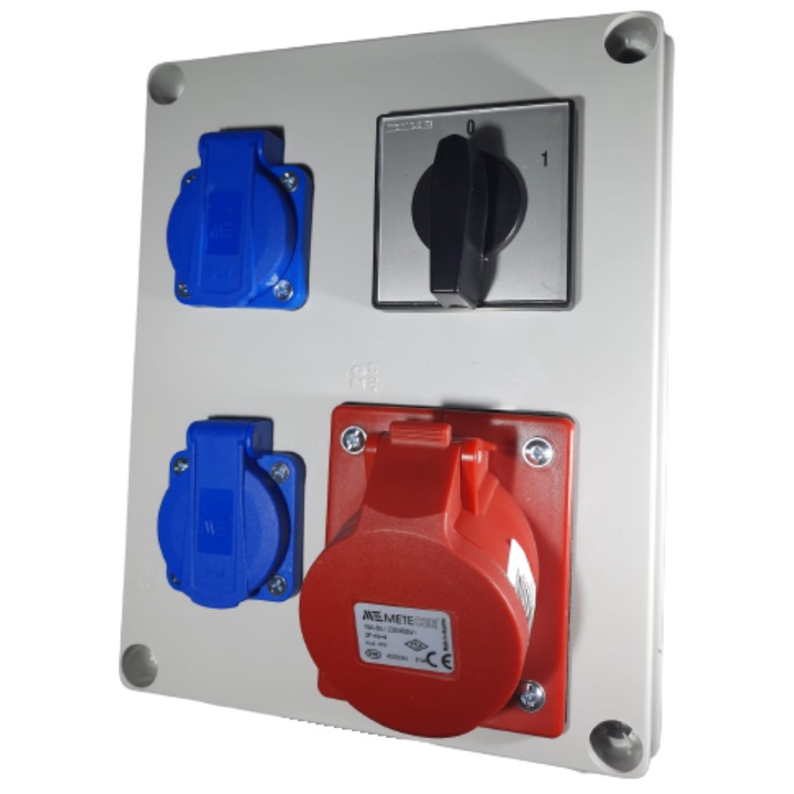 Tablou de distributie 240x190mm echipat cu 1 priza 5 poli 16A, 2 prize schuko 16A si intrerupator 3 x 40A IP44