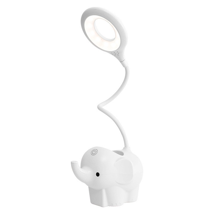 Veioza LED Elefant, Flexibila, Reincarcabila, senzor tactil, 3 nivele luminozitate, cu suport de pixuri si telefon, pentru copii, USB, Alba