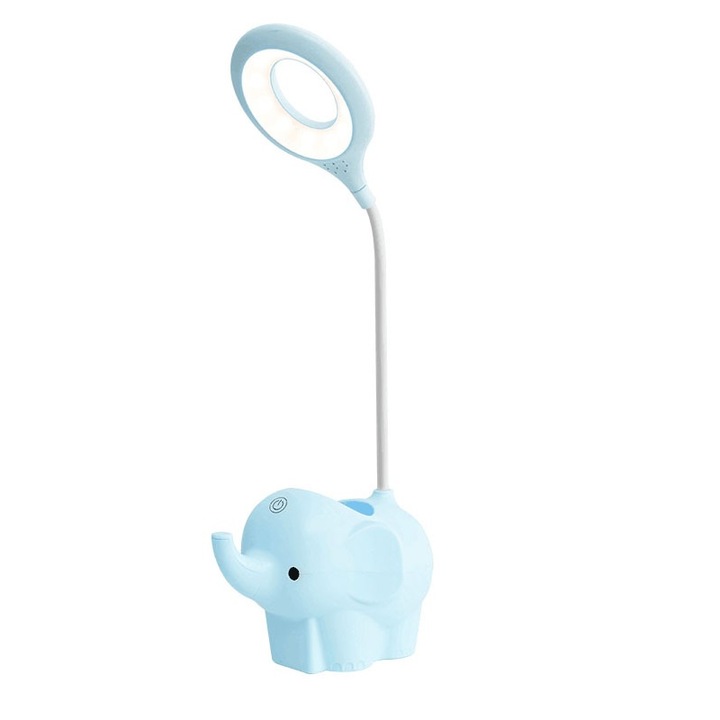 Veioza LED Elefant, Flexibila, Reincarcabila, senzor tactil, 3 nivele luminozitate, cu suport de pixuri si telefon, pentru copii, USB, Albastra