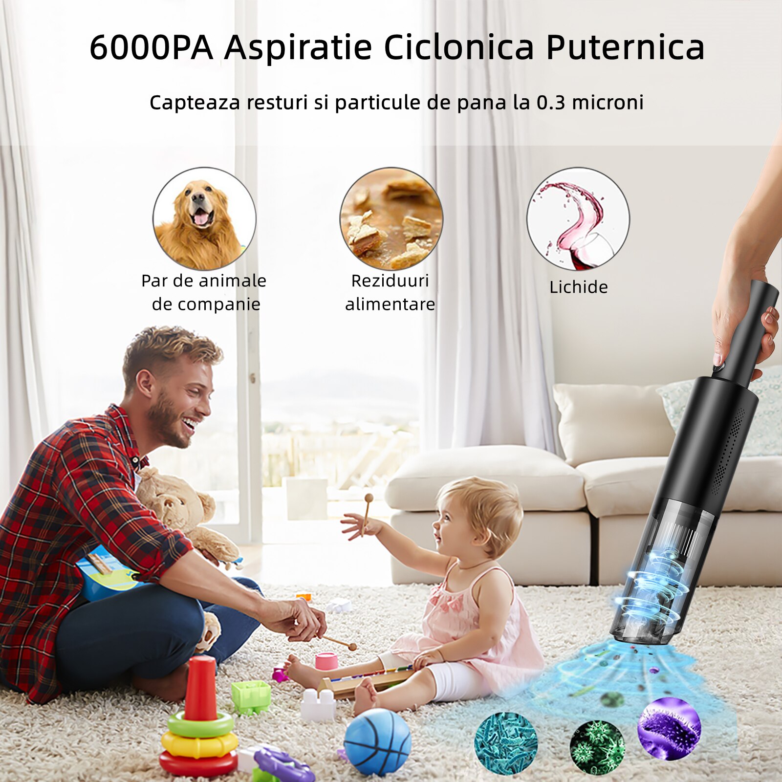 Ръчна прахосмукачка, 4000 mAh, акумулаторна, преносима, 6000 PA, 214 ml ...