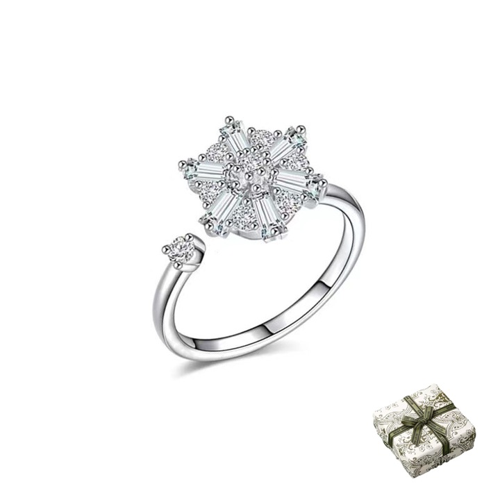 Inel antistres rotativ dama, Alama/Zirconiu, Model fulg de zapada hexagonal de cristal de gheata, Argintiu