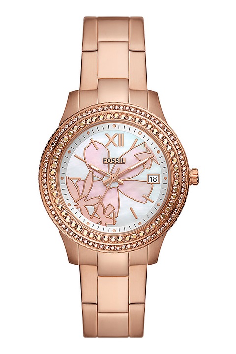 Fossil, Ceas din otel inoxidabil decorat cu cristale, Auriu rose