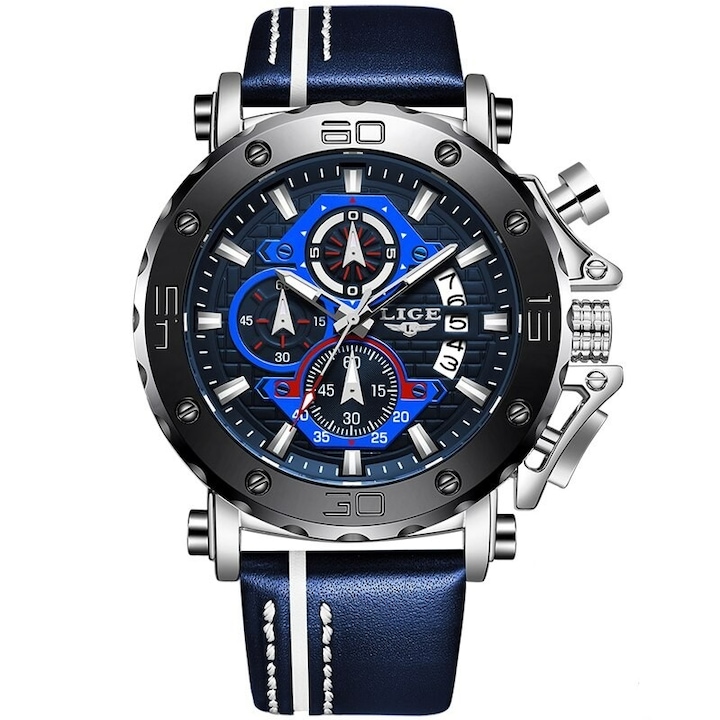 Мъжки часовник Lige Chronograph Elegant Luxury Analog Quartz Каишка от естествена кожа