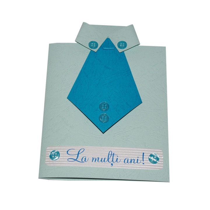 Felicitare carton, Top Terra Trade, format camasa culoare gri perlat, cu cravata albastra