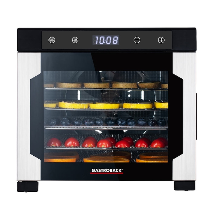 Deshidrator alimente Gastroback, Dehydrator Pro, 6 rafturi otel inoxidabil, 3 tavi incluse, temperatura 35-75 C, panou tactil, display LED, timer, negru/inox