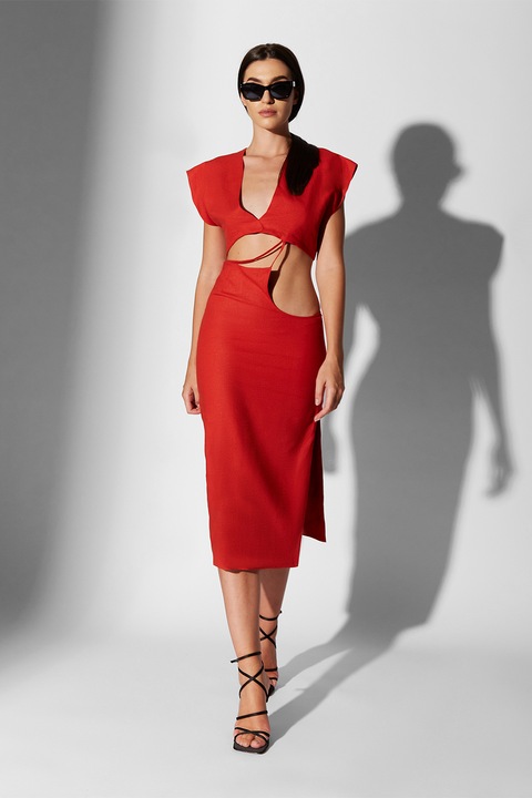 Divalo, Rochie din amestec de in cu decupaje Rubi, Rosu