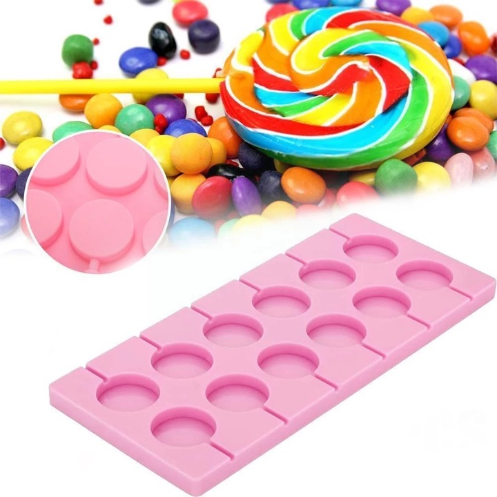 Forma pentru 12 Acadele din Ciocolata, Zahar sau Jeleu Cake Pops, 26.5 x 12 cm, din Silicon Roz, Original Deals