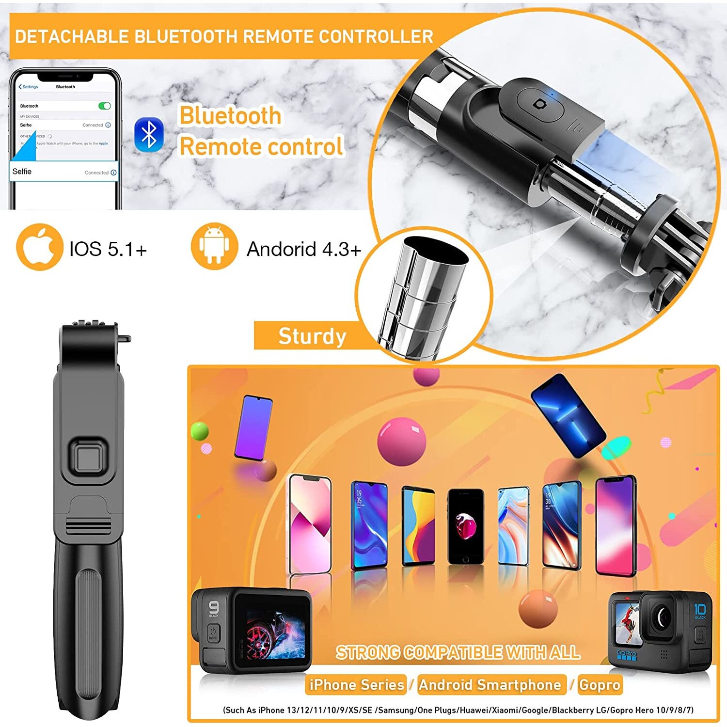 Selfie stick/trepied L02, Lecheng, Metal/Plastic, Extensbil