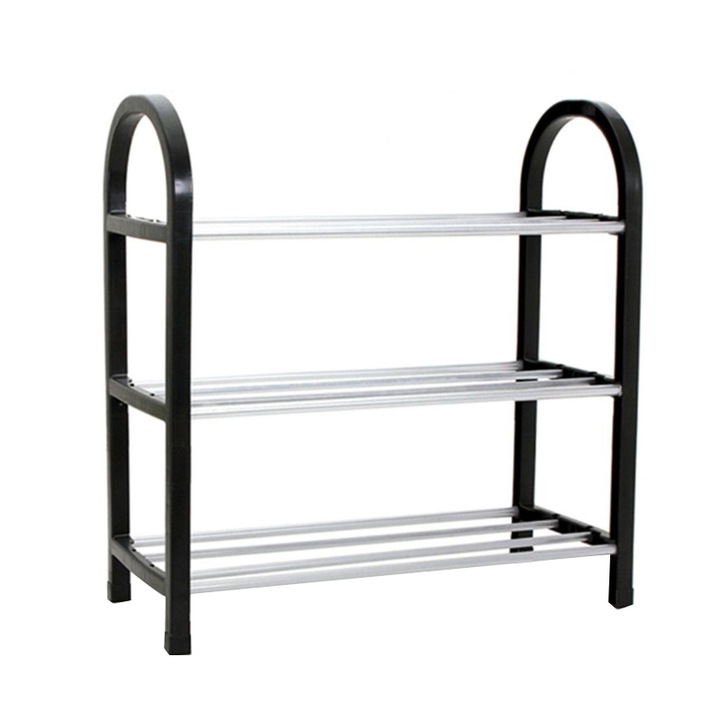 Suport incaltaminte cu 3 rafturi, Metal, Plastic, 41 x 19 x 47.5 cm, Negru