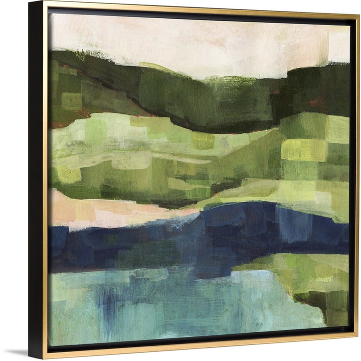 Tablou abstract 100x100cm pictat manual, inramat, verde, bej, albastru marin