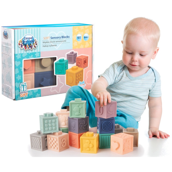 Set 12 blocuri senzoriale de constructie Canpol Babies Soft 79/102, Multicolor 6-9 luni