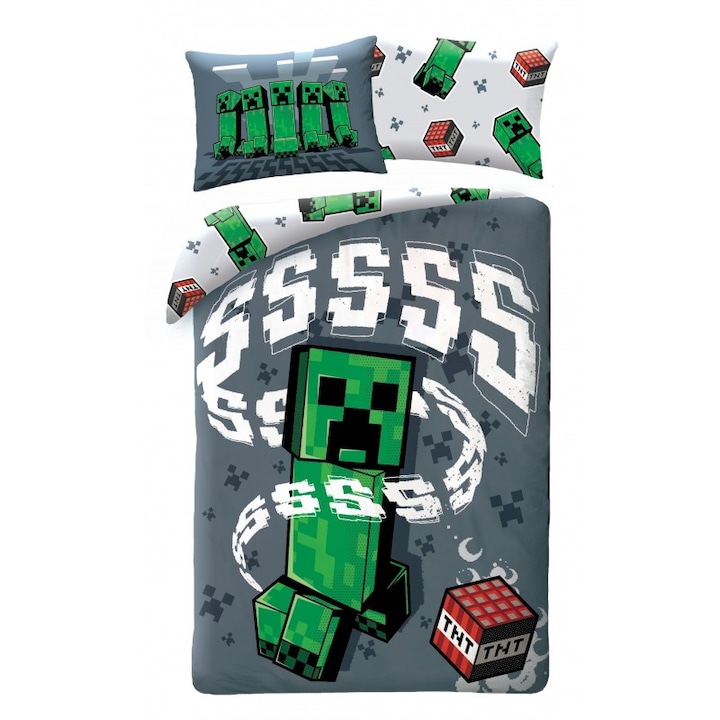 Set lenjerie pat Minecraft Creeper Sss, 140x200 cm, 70x90, 100% Bumbac, Multicolor, 2 piese