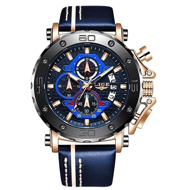 Мъжки часовник Lige Chronograph Elegant Luxury Analog Quartz Естествена кожена каишка Син