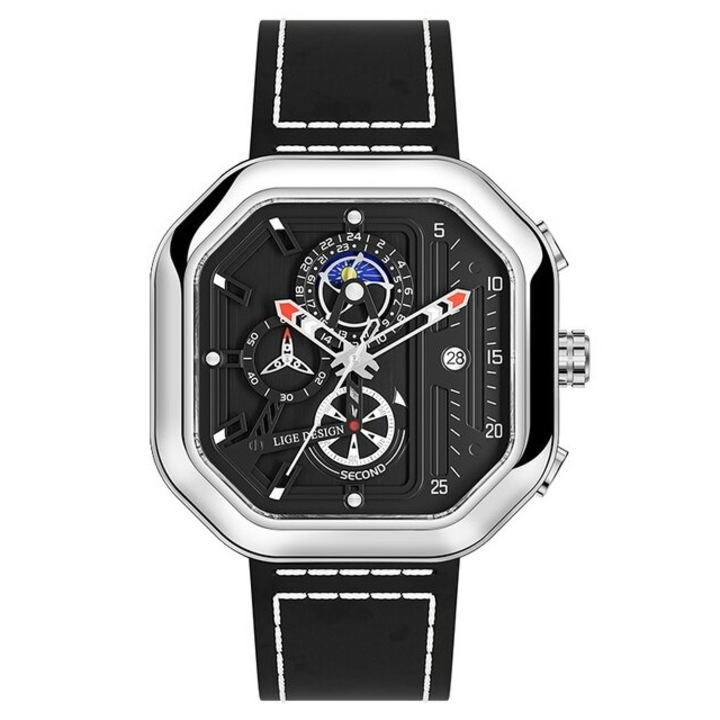 Мъжки часовник Lige Chronograph Retro Casual Sport Quartz Display Analog Silver