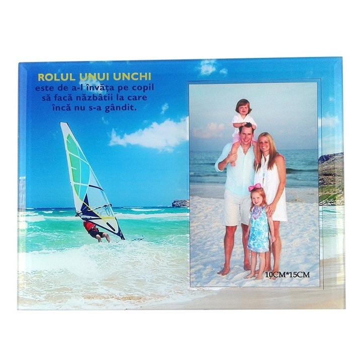 Rama foto din sticla pentru fotografii format 10x15, cu imagini estivale si dedicatie pentru unchi, M4, 22x17 cm