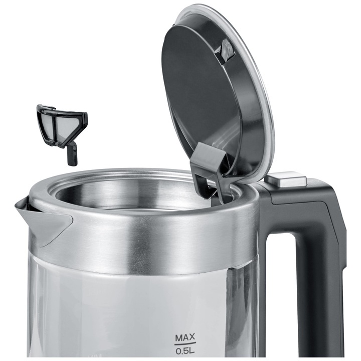 Електрическа кана Severin WK 3458, Въртяща се основа, Дигитален дисплей, Стъкло, Неръждаема стомана, Температурни настройки 40° - 100° C, 100% без BPA, 1100W, 0.5л