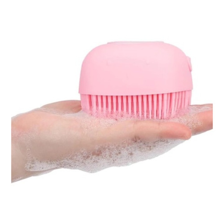 Perie din Silicon Soft cu Recipient pentru Detergent, pentru Spalat Bebelusi si Animale de Companie, 9 x 5 cm, Roz, Original Deals