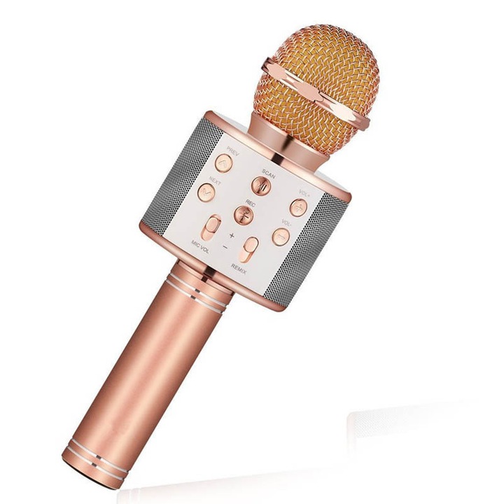Microfon karaoke cu difuzor si Bluetooth, auriu-roz