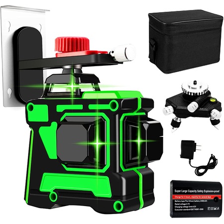 Nivela cu laser verde, 12 linii, orizontal, vertical, perimetral, prindere magnetica, uz interior si exterior, auto-nivelare, rotire 360 grade, acumulatori de schimb, 20x10x12 cm, verde/negru