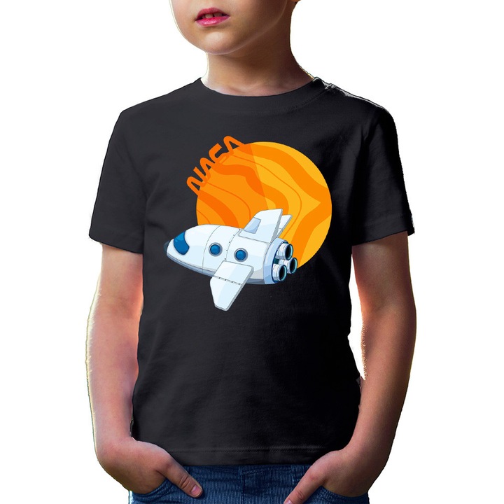 Tricou copii NASA Rocket Fire Planet Fly Cute OrbitIN, Negru