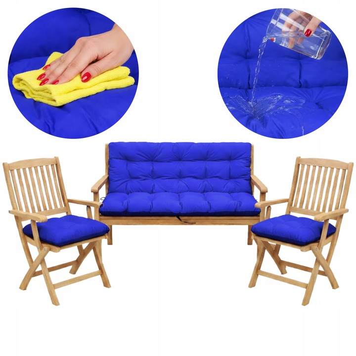 Set Perne banca gradina, terasa, mobilier, Albastru, 180x60x50 + 2x 45x45 cm, exterior, impermeabila, pentru balansoar, paleti, banca, Superkissen24