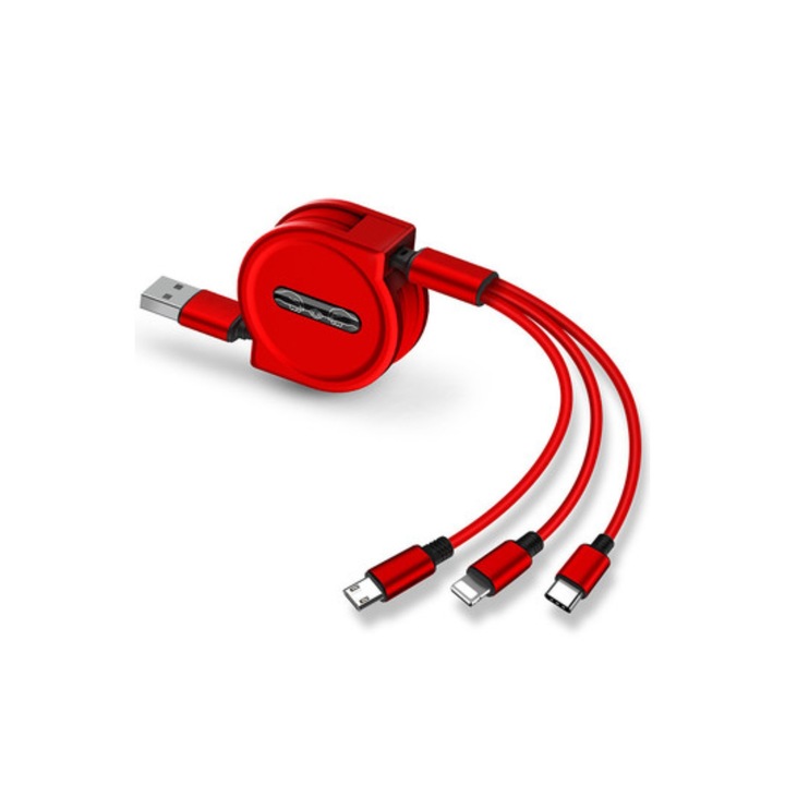 Cablu retractabil 3 in 1, USB, Incarcator, Rosu