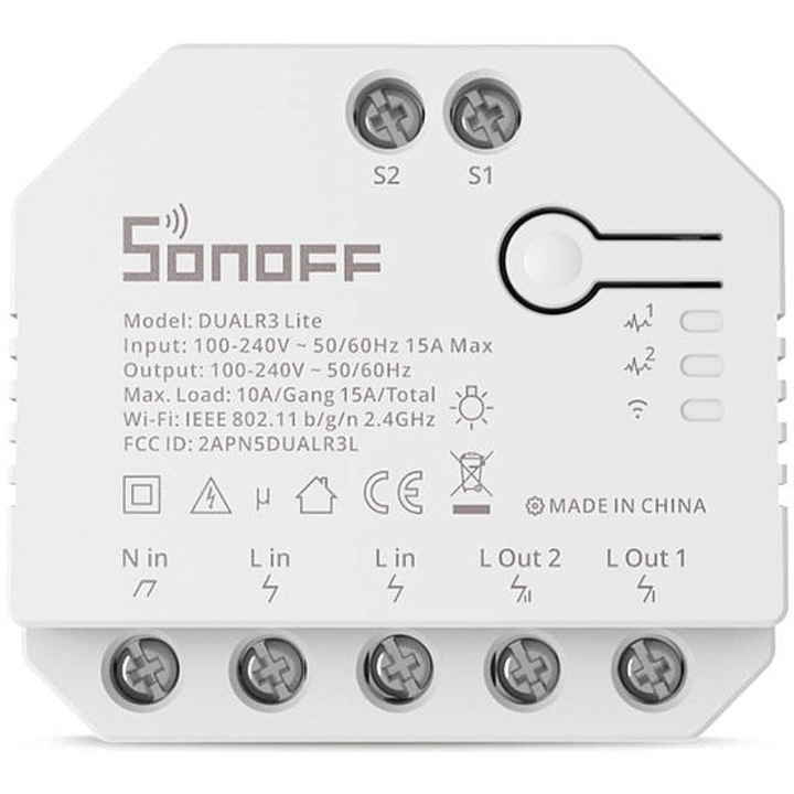 Интелигентен превключвател / реле Sonoff, Dual R3 Lite WiFi, бял