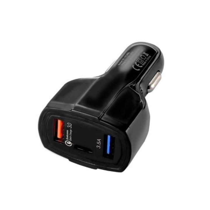 Incarcator auto 2*USB, 1*USB-C, 7A, Qualcomm 3.0, Fast Charge, Negru, TELGORBCS