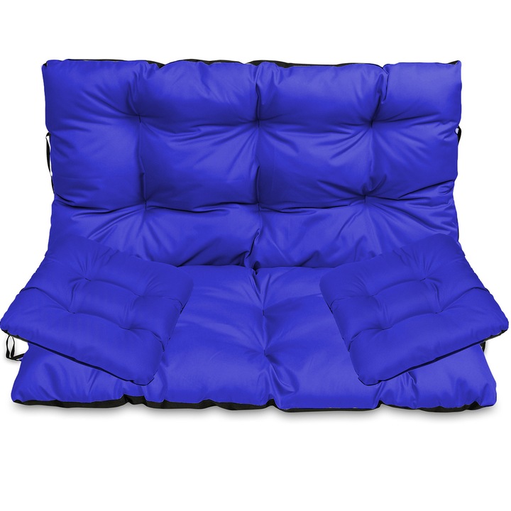 Set Perne banca gradina, terasa, mobilier, Albastru, 120x60x50 + 2x 45x45 cm, exterior, impermeabila, pentru balansoar, paleti, banca, Superkissen24