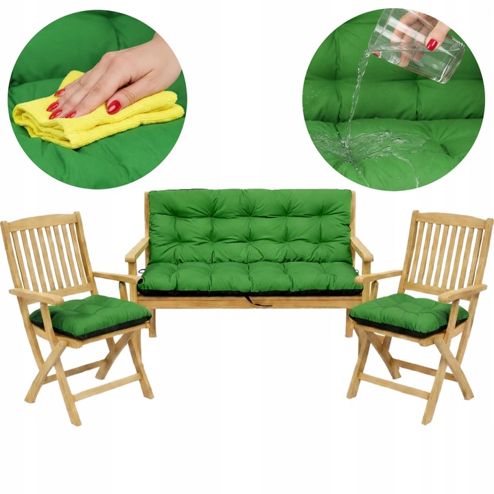Set Perne banca gradina, terasa, mobilier, Verde, 180x60x50 + 2x 45x45 cm, exterior, impermeabila, pentru balansoar, paleti, banca, Superkissen24