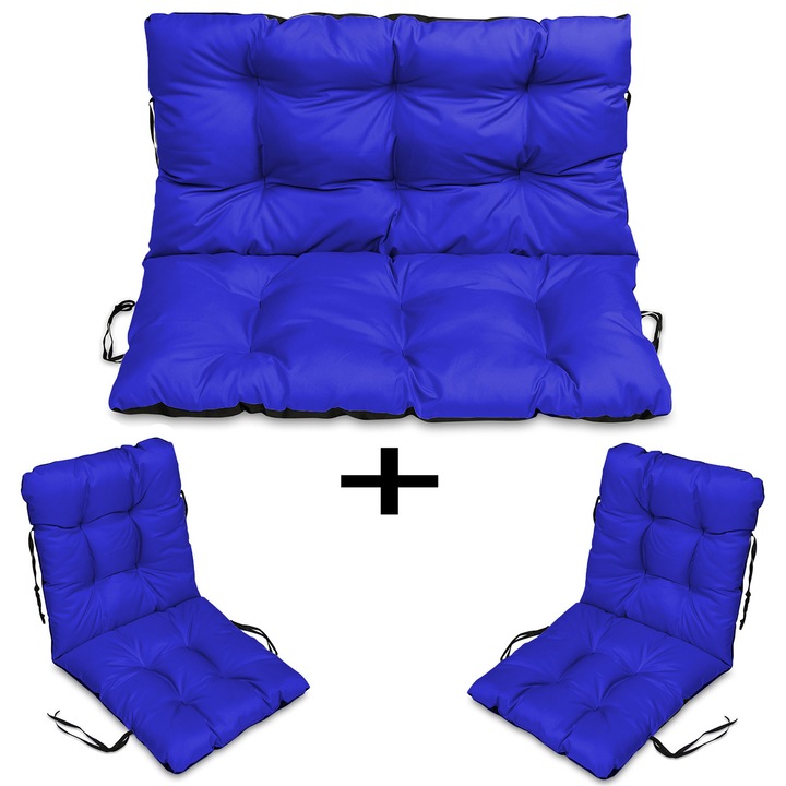 Set Perne banca gradina, terasa, mobilier, Albastru, 120x60x50 + 2x 48x48x48 cm, exterior, impermeabila, pentru balansoar, paleti, banca, Superkissen24