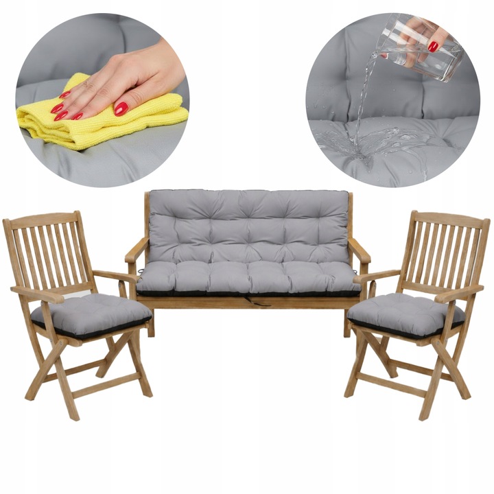 Set Perne banca gradina, terasa, mobilier, Gri, 180x60x50 + 2x 45x45 cm, exterior, impermeabila, pentru balansoar, paleti, banca, Superkissen24