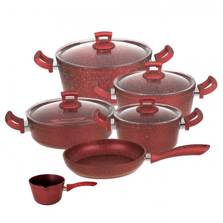 Set oale si tigai granit 10 piese Hascevher Germanitium 3 oale 3l,4l si 4,9l cu capac, cratita 3,9l cu capac si tigaie 22cm granit-red, ibric