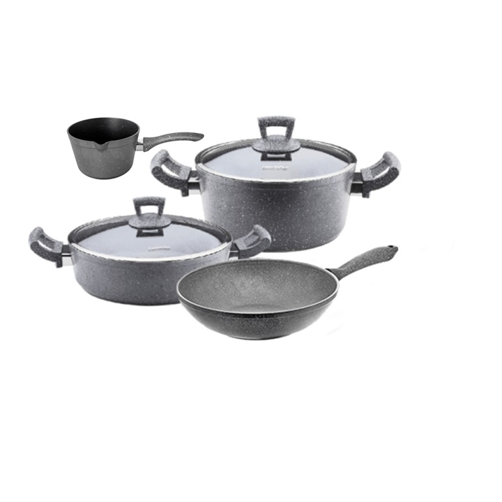 Set vase de gatit 6 piese Hascevher Germanitium oala 3l cu capac, cratita 3,9l cu capac si tigaie wok 28cm granit-gri, ibric