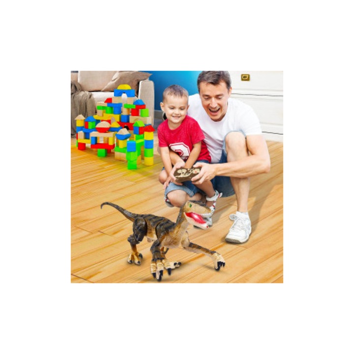 Figurina Dinozaur cu telecomanda, mers pe jos, Velociraptor cu lumini si sunet, 53 cm