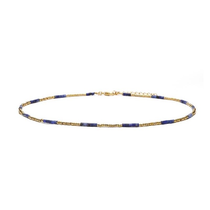 Colier choker placat cu aur 18 K, Ezera, cu pietre naturale de Sodalit si Sunstone Miyuki Seed, elegant Vania, 35 cu 4cm