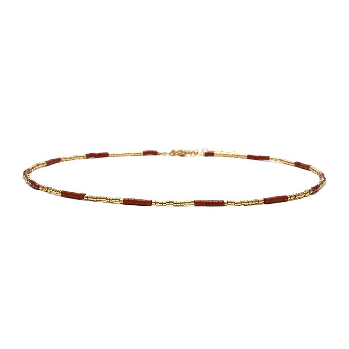 Colier choker placat cu aur 18 K, Ezera, cu pietre naturale de Jasp Rosu si Sunstone Miyuki Seed, elegant Vania, 35 cu 4cm