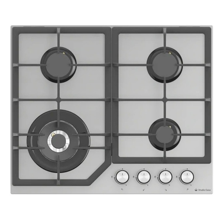 Plita incorporabila Studio Casa PG660 Parma Glass Grey, 4 arzatoare gaz, Wok, 2 gratare fonta, Aprindere electrica, Sticla gri