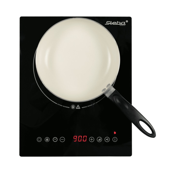 Plita electrica Steba, HK30, o zona de gatit dubla, sticla ceramica, 7 trepte de putere, display digital, senzor touch, pentru toate tipurile de vase, timer, 2000 W, negru/inox