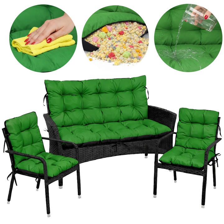 Set Perne scaun terasa, gradina, 3 piese, 180x60x50 + 2x 48x48x48 cm, exterior, impermeabila, pentru banca, fotoliu, Verde, Superkissen24