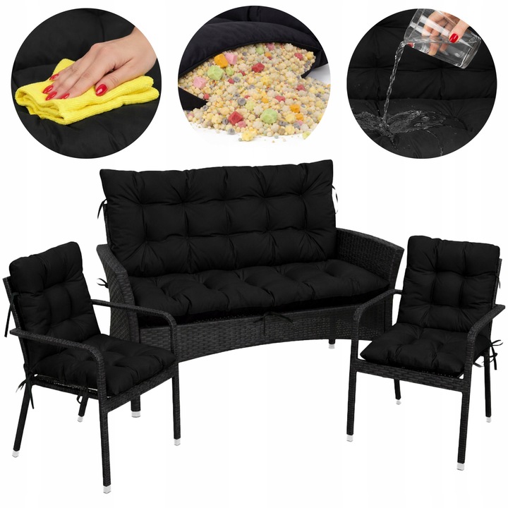 Set Perne scaun terasa, gradina, 3 piese, 180x60x50 + 2x 48x48x48 cm, exterior, impermeabila, pentru banca, fotoliu, Negru, Superkissen24