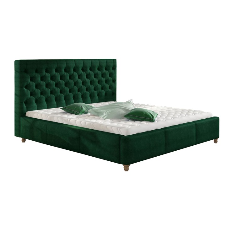 Pat dublu matrimonial tapitat verde model Chester 160x200 cm cu somiera