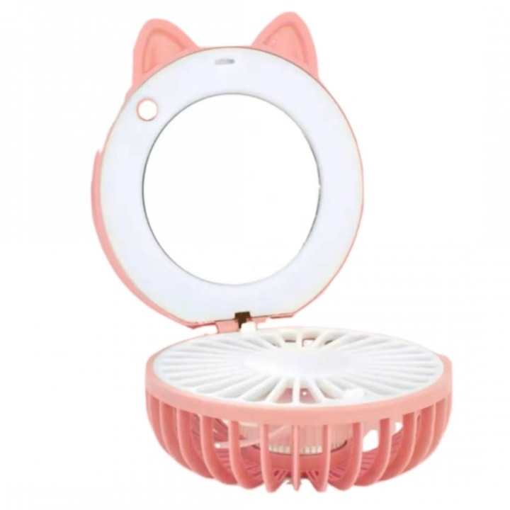 Cartoon LED mini tükör ventilátor, Q-T171-RO, rózsaszín