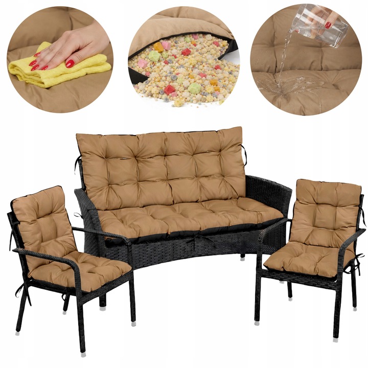 Set Perne scaun terasa, gradina, 3 piese, 180x60x50 + 2x 48x48x48 cm, exterior, impermeabila, pentru banca, fotoliu, Bej, Superkissen24