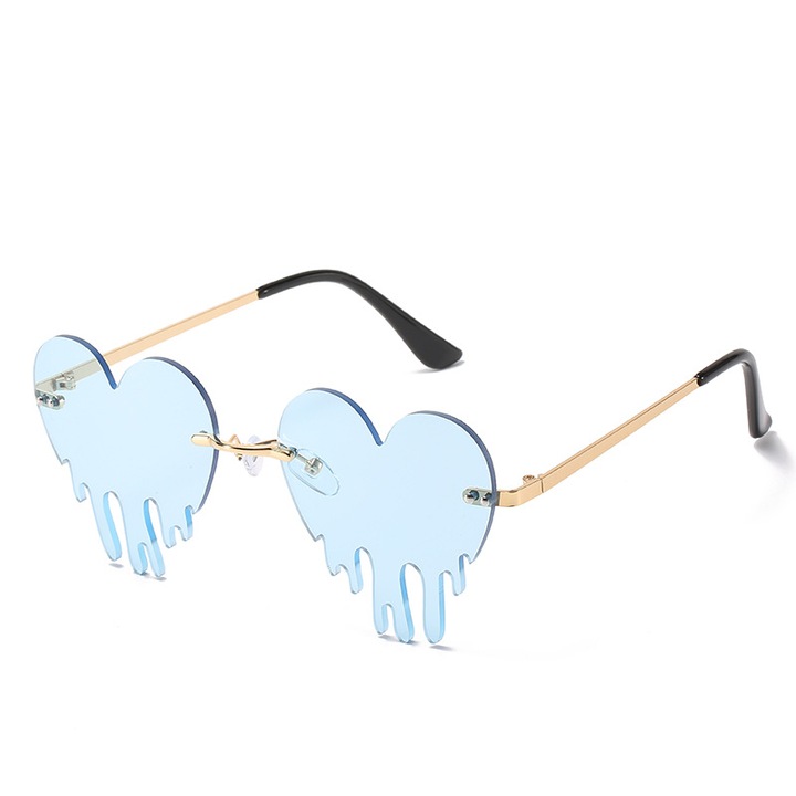 Ochelari de soare cu model, lentile in forma de inima, rama metalica, protectie UV400, albastru si auriu