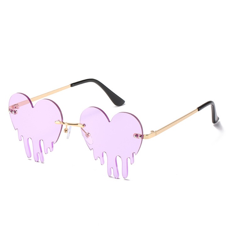 Ochelari de soare cu model, lentile in forma de inima, rama metalica, protectie UV400, mov si auriu